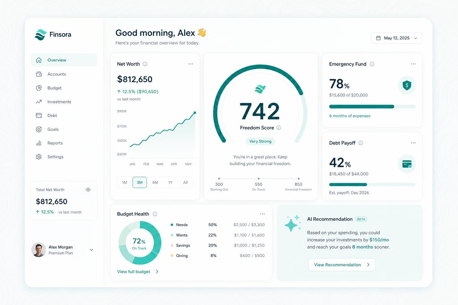 FreedomAtlas dashboard showing Freedom Score 742, net worth trend, emergency fund progress, and a personalized recommendation